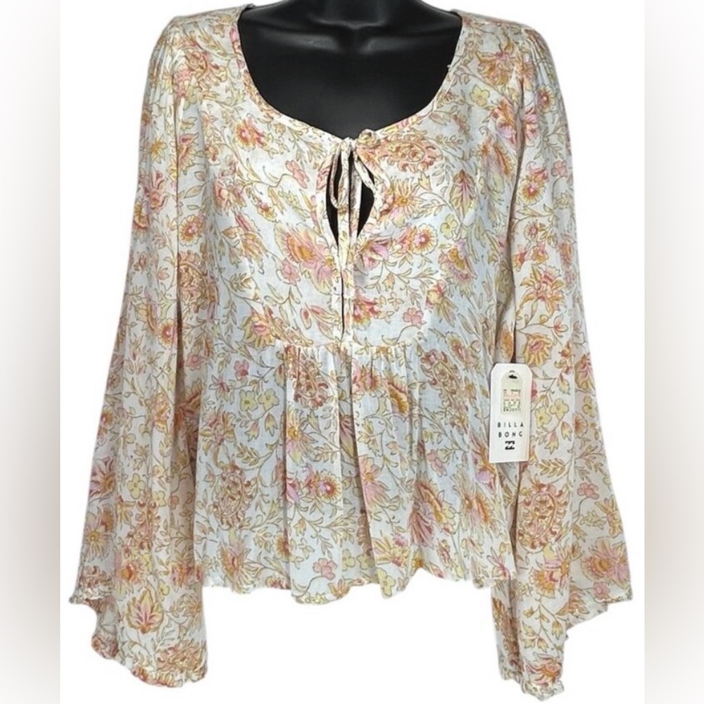 Billabong Floral Tie-Front Blouse in Cream and Pink